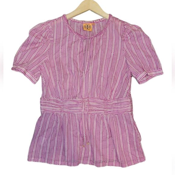 Tory Burch Ruth Wild Orchard Blouse Short Sleeve Top Pink Fuchsia 10 - Picture 3 of 14